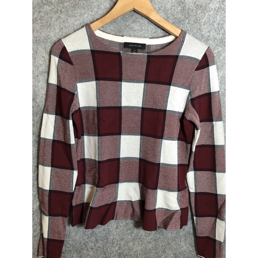 Ann Taylor Sweater Women Medium Maroon Check Peplum Career Casual Classic